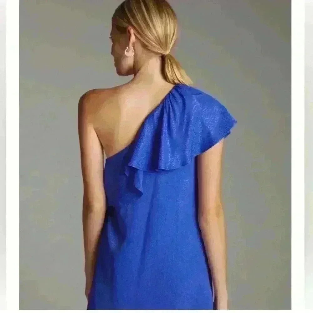 NWOT Anthropology Blue One Shoulder Dramatic Ruffled Blouse Tank Size 10 - Picture 3 of 7